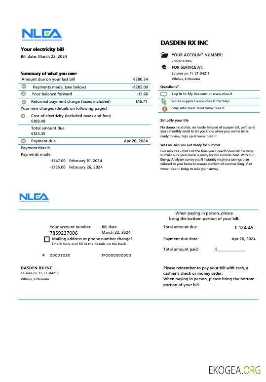 Modèle Word et PDF de facture de services publics de l'Association nationale lituanienne de l'énergie de Lituanie